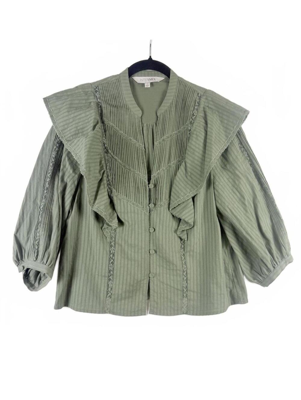 Intermix Sage Green Cotton Pintuck‎ Blouse Ruffle Statement Shoulder Size 2
